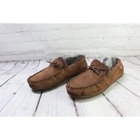 *LL Bean Brown Suede Wicked Good Shearling Lined Moccasin Slippers 11 Inch - Picture 2 of 9